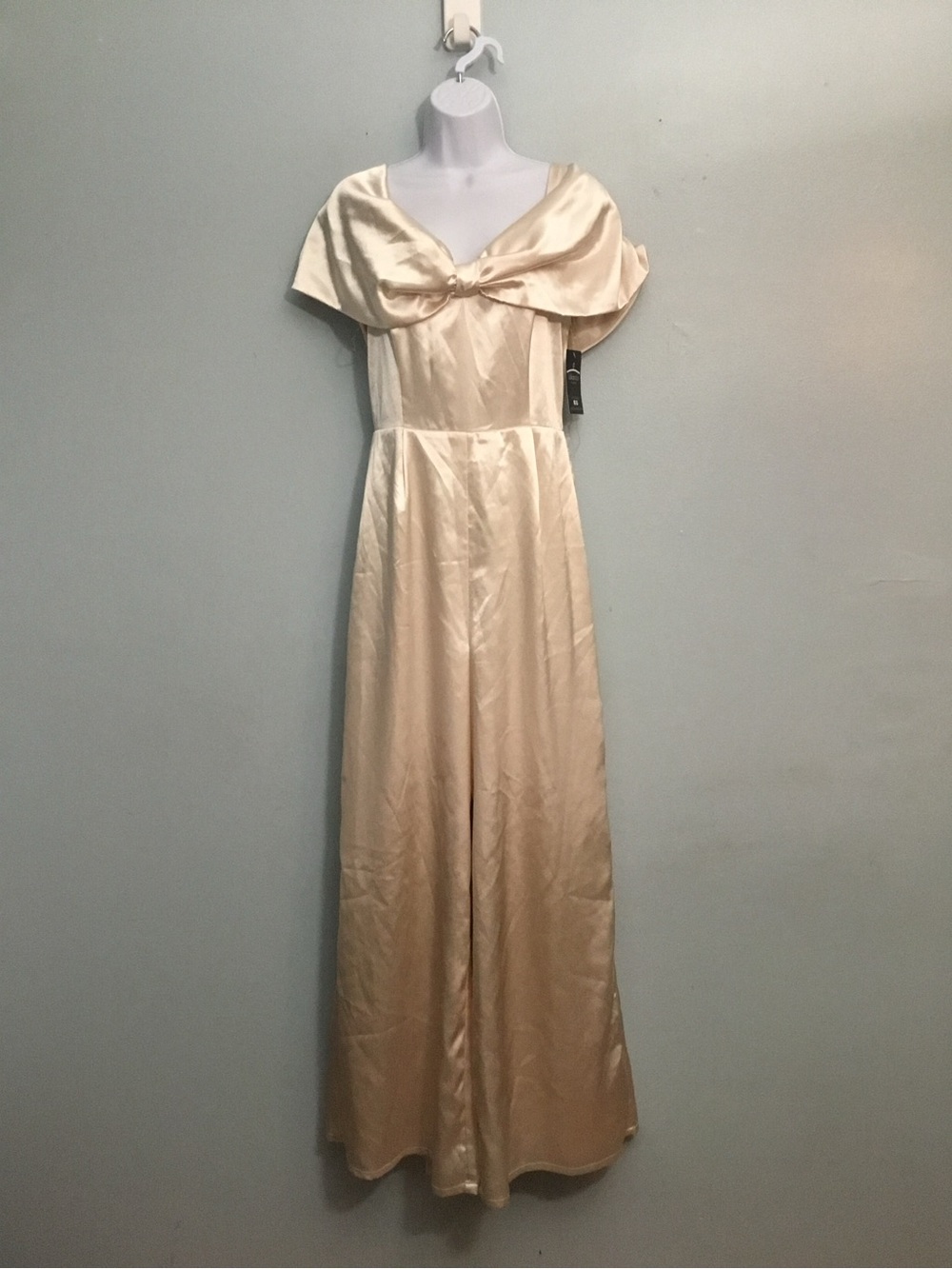 JULIANA'S Cream Satin Maxi Dress Bow Neckline‎ Formal Wedding Guest Size M